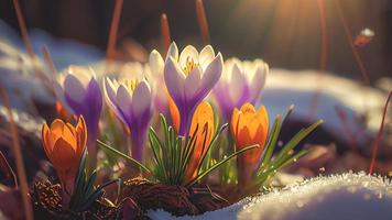 The first spring flowers, crocuses in a forest with snow background also have copy space for text photo